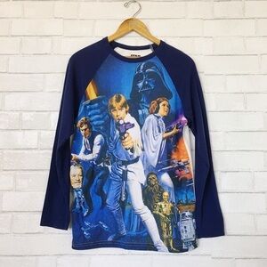 Mens Star Wars New Hope Characters Graphic Ringer Navy Long Sleeve Tee